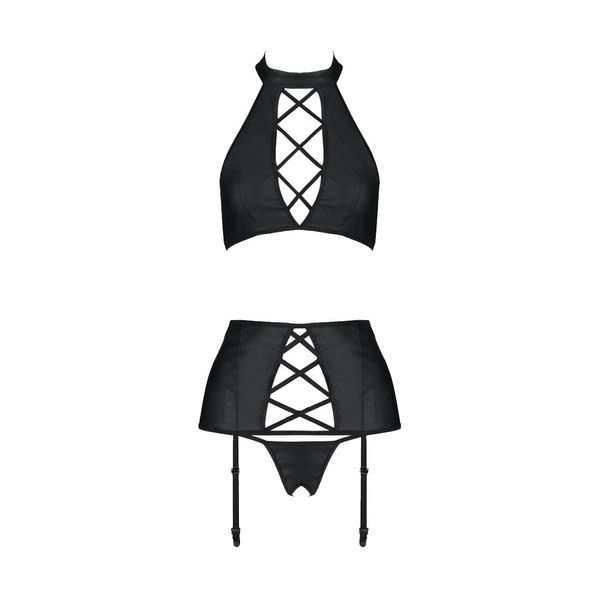 Комплект из экокожи Passion NANCY SET 4XL/5XL black, имитация шнуровки, топ, пояс для чулок SO7106 фото