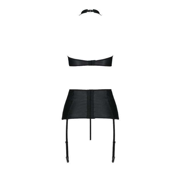 Комплект из экокожи Passion NANCY SET 4XL/5XL black, имитация шнуровки, топ, пояс для чулок SO7106 фото