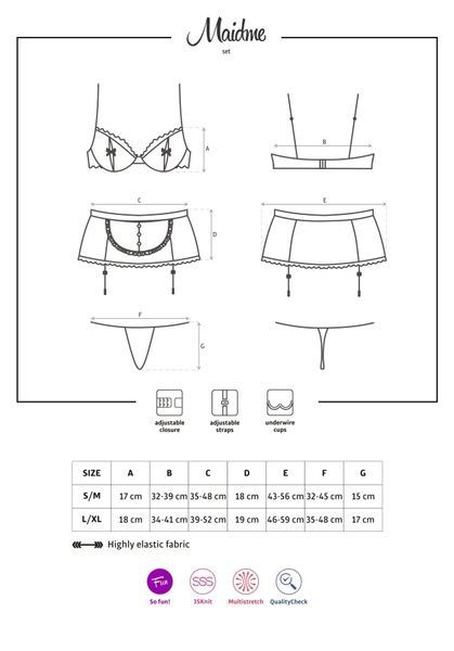 Эротический костюм горничной Obsessive Maidme set 5pcs S/M, бюстгальтер, пояс с фартуком, чулки, стр SO7290 фото