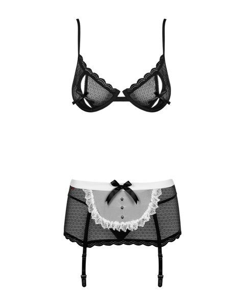 Эротический костюм горничной Obsessive Maidme set 5pcs S/M, бюстгальтер, пояс с фартуком, чулки, стр SO7290 фото