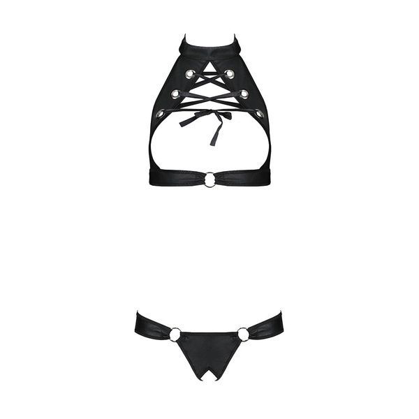 Комплект відкритий топ та трусики з екошкіри з люверсами Passion MALWIA SET with Open Bra L/XL black SO5768 фото