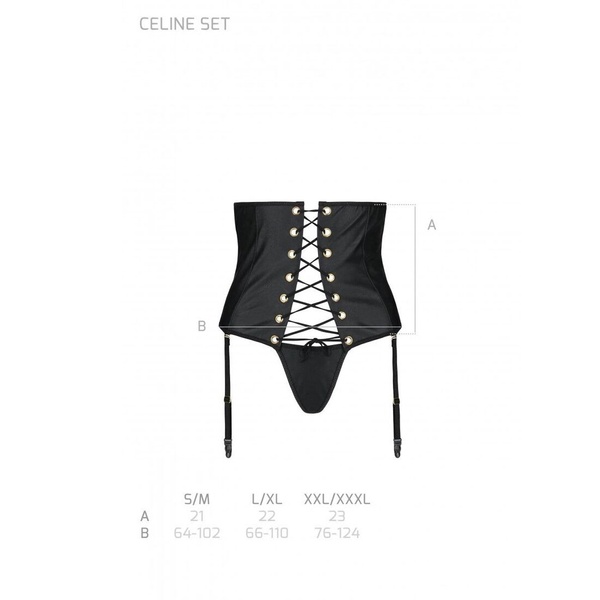 Пояс-корсет з екошкіри Celine Set black L/XL — Passion: шнурівка, знімні пажі для панчіх, стрінги SO6409 фото