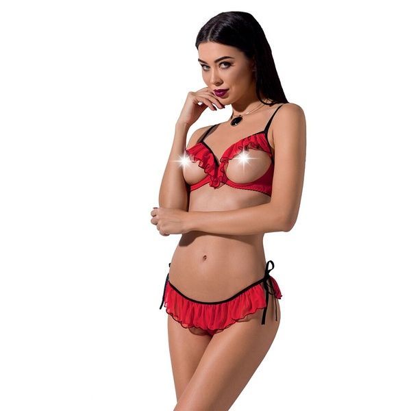 Комплект білизни Passion Exclusive CHERRY SET OpenBra L/XL, red, відкритий ліф, трусики-спідничка PS25507 фото