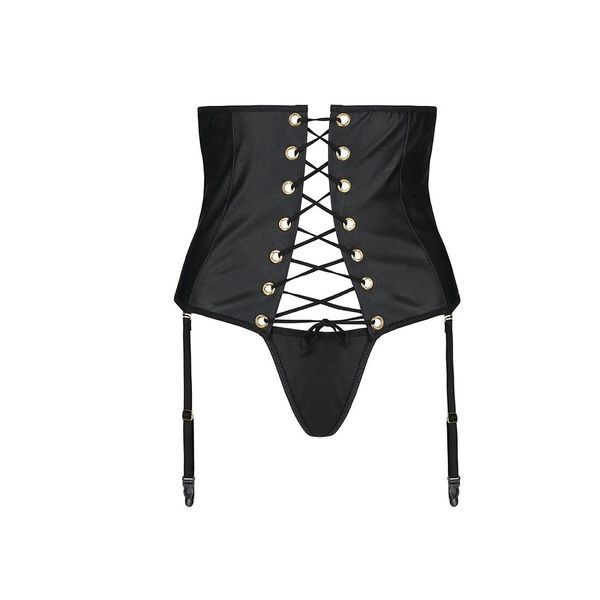 Пояс-корсет из экокожи Passion CELINE SET XXL/XXXL, black шнуровка, съемные пажи для чулок, стринги SO6411 фото