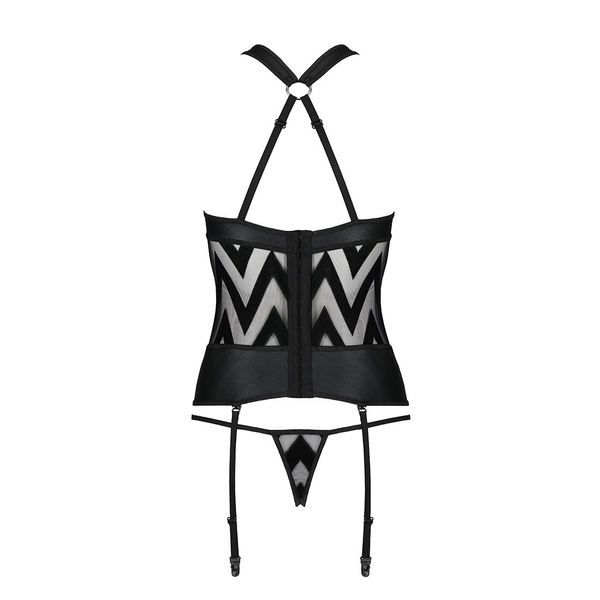 Сетчатый комплект с узором, корсет с халтером, подвязки, трусики Passion HIMA CORSET S/M, black SO5350 фото