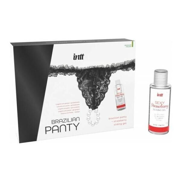 Набір Intt BRAZILIAN PANTY BLACK: трусики на зав&rsquo;язках S-XL з перлинним кільцем + полунична змазка SO7129 фото