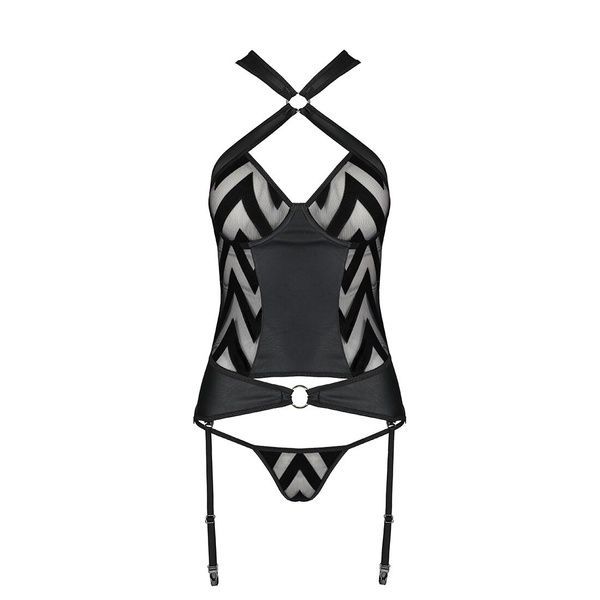 Сітчастий комплект із візерунком, корсет, підв'язки, трусики Passion HIMA CORSET XXL/XXXL black SO5351 фото