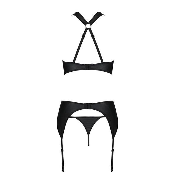 Сетчатый набор с узором, бюстгальтер, трусики, пояс для чулок Passion HIMA SET S/M black SO5353 фото