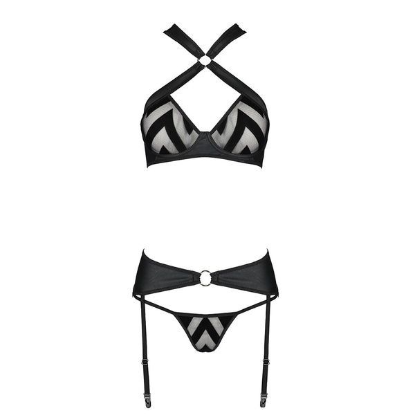 Сетчатый набор с узором, бюстгальтер, трусики, пояс для чулок Passion HIMA SET S/M black SO5353 фото