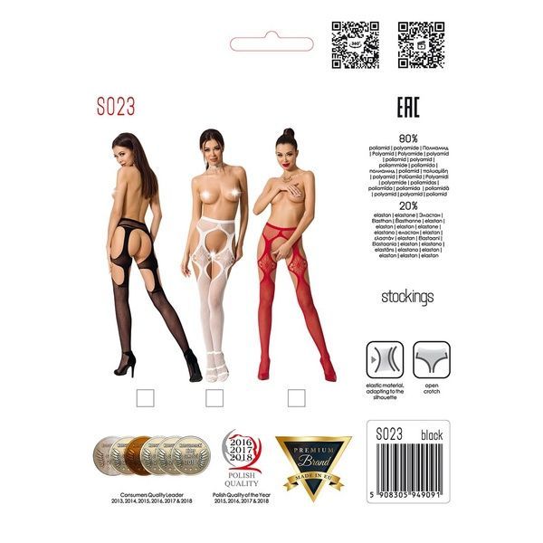 Еротичні колготки-бодістокінги Passion S023 One Size, Black, імітація панчіх з ромбами та пояском PSS023B фото