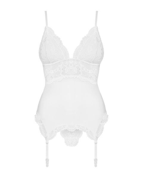 (SALE) Сатиновый кружевной корсет Obsessive 810-COR-2 babydoll & thong S/M, белый, корсет, танга SO7158 фото