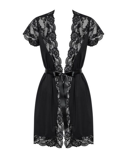 Сатиновий відкритий пеньюар на поясі Obsessive 810-PEI&ndash;1 peignoir black S/M, чорний SO7160 фото