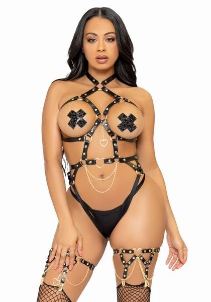 Портупея-тедді з екошкіри Leg Avenue Heart ring harness teddy S, Black, підвіска-сердечко, ланцюги SO8563 фото