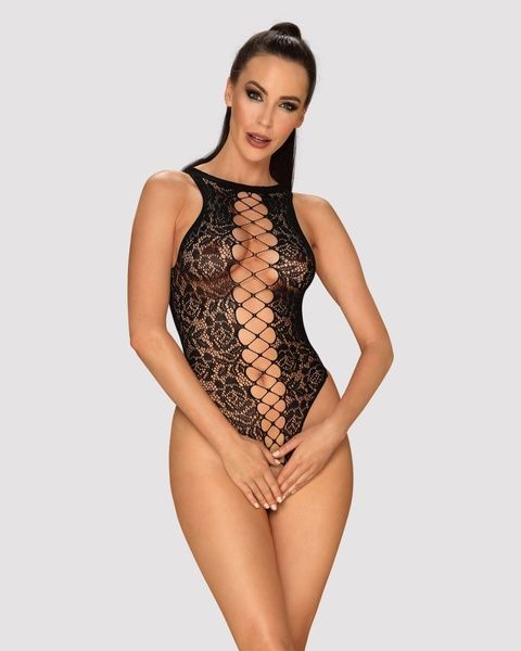 Ажурный бодистокинг с эффектом шнуровки Obsessive B129 teddy black S/M/L, черный, с доступом SO7213 фото