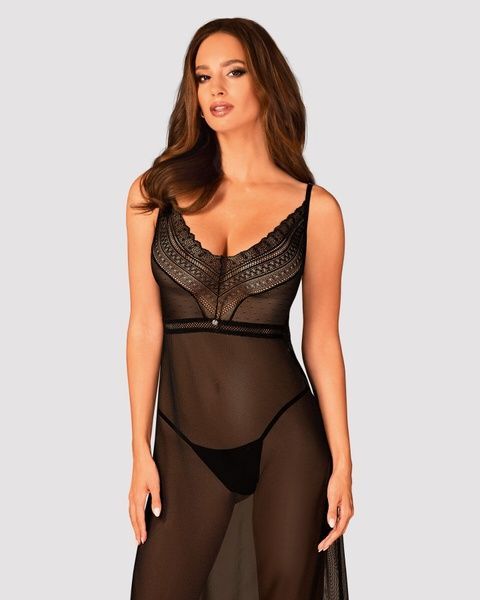 (SALE) Полупрозрачная длинная сорочка Obsessive Estiqua chemise XL/2XL, черный, ассиметричный крой SO7264 фото