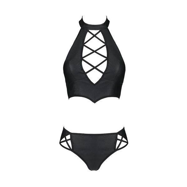 Комплект з еко-шкіри Passion NANACY BIKINI L/XL, black, бра та трусики з імітацією шнурівки SO5367 фото