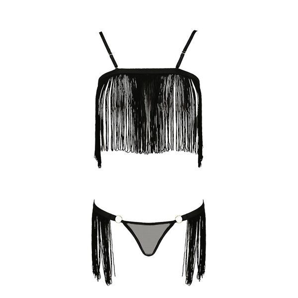Комплект білизни Passion Exclusive KASSANDRA SET OpenBra L/XL black, ліф з бахроми, трусики-спідниця PS26301 фото