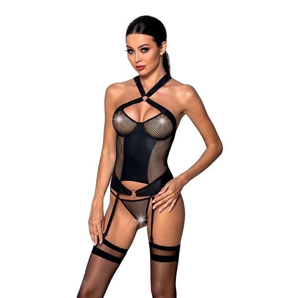 Сетчатый комплект корсет с халтером, съемные подвязки и трусики Passion AMANDA CORSET L/XL, black SO5318 фото