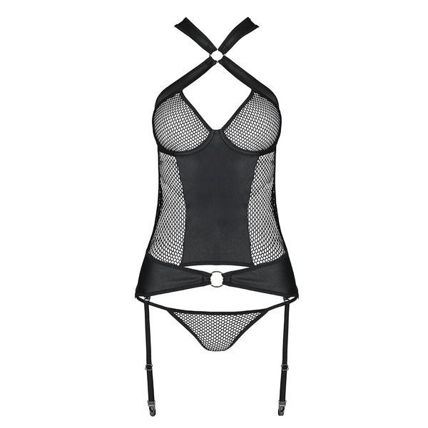 Сетчатый комплект корсет с халтером, съемные подвязки и трусики Passion AMANDA CORSET S/M, black SO5319 фото