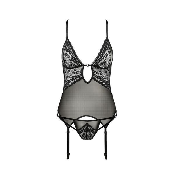 Корсет с декольте Passion ERZA CORSET S/M, black, пажи, трусики, полупрозрачный PS26008 фото