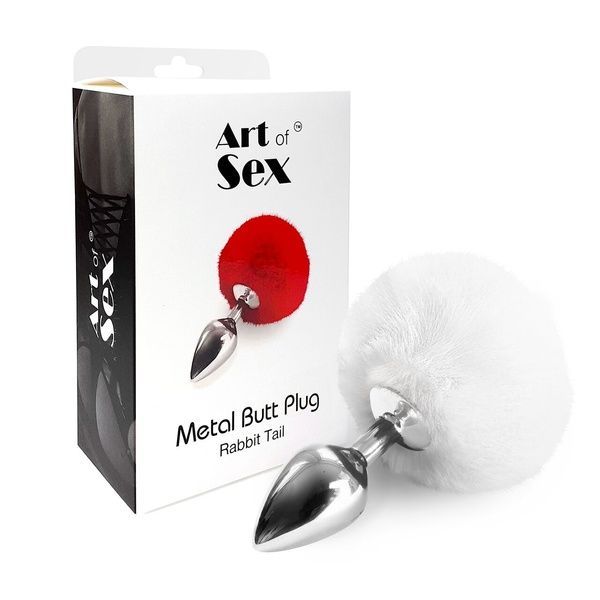 Металева анальна пробка М Art of Sex &mdash; Bunny Tails Butt plug, Білий SO6962 фото