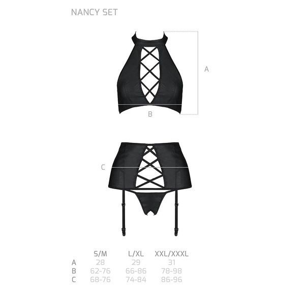 Комплект из эко-кожи с имитацией шнуровки Passion NANCY SET S/M black, топ, трусики, пояс для чулок SO5374 фото
