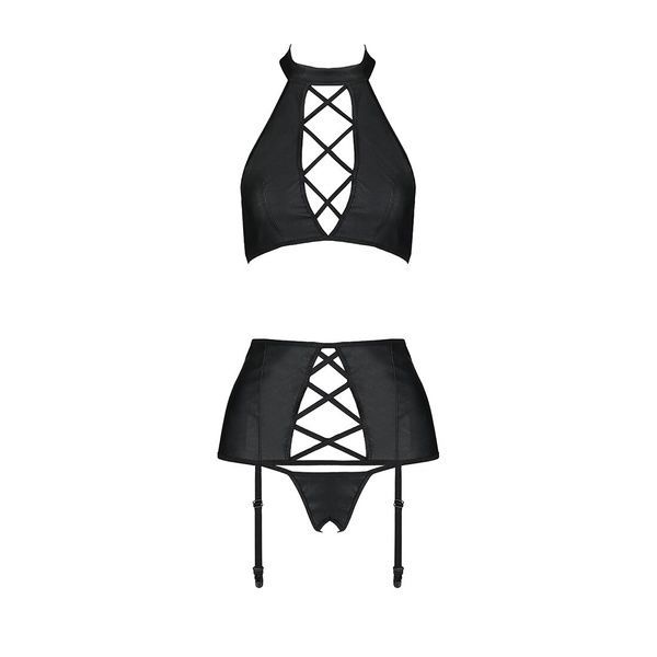 Комплект из эко-кожи с имитацией шнуровки Passion NANCY SET S/M black, топ, трусики, пояс для чулок SO5374 фото