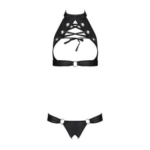 Комплект із екошкіри Passion MALWIA SET with Open Bra 6XL/7XL black, топ та трусики з люверсами SO7101 фото