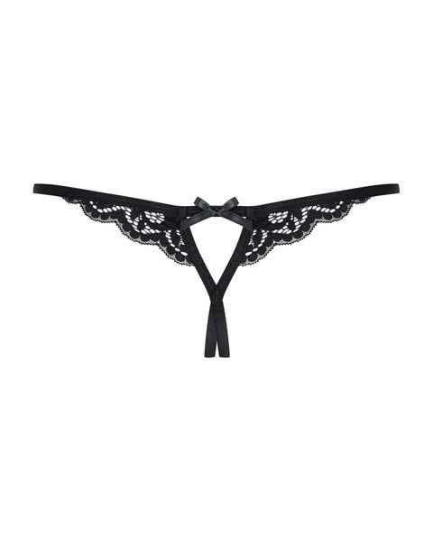 Кружевные танга с двумя отверстиями Obsessive 831-THC-1 crotchless thong L/XL, черные, бантики SO7176 фото