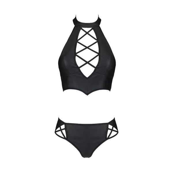 Комплект з екошкіри Passion NANACY BIKINI 4XL/5XL black, бра та трусики з імітацією шнурівки SO7102 фото