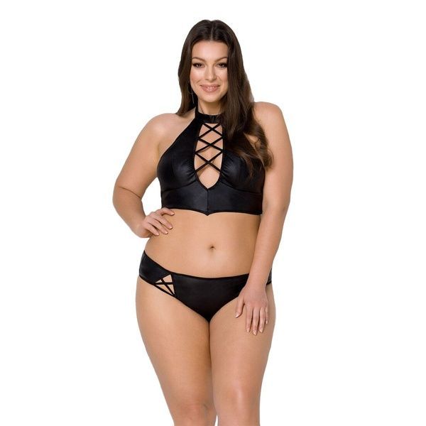 Комплект з екошкіри Passion NANACY BIKINI 6XL/7XL black, бра та трусики з імітацією шнурівки SO7103 фото