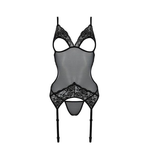 Корсет с подвязками и ажурным лифом Passion CHRISTA CORSET L/XL, black, стринги в комплекте SO5756 фото