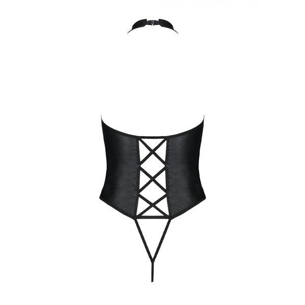 Боді з екошкіри Passion NANCY BODY 4XL/5XL black, з імітацією шнурівки та відкритим доступом SO7104 фото