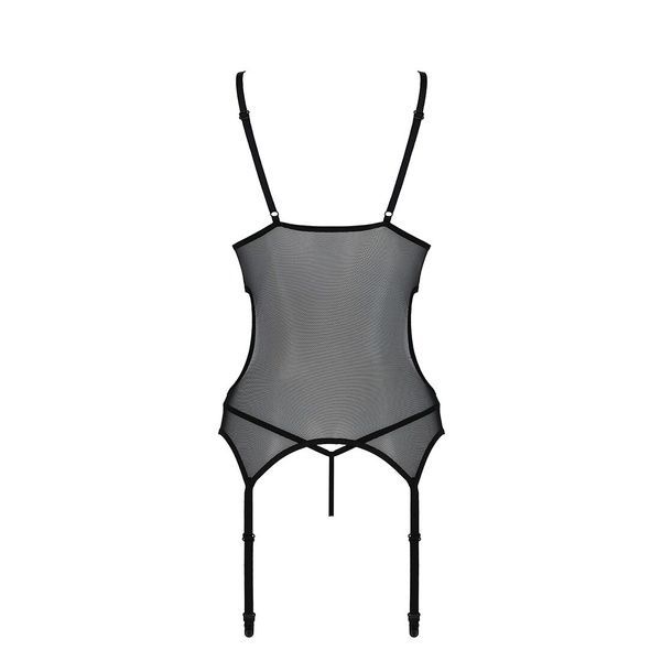 Корсет с подвязками и ажурным лифом Passion CHRISTA CORSET L/XL, black, стринги в комплекте SO5756 фото