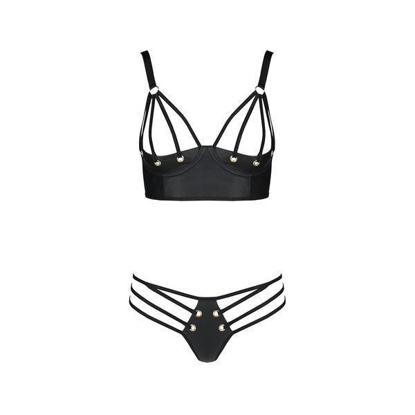 Комплект з екошкіри з люверсами та ремінцями Passion MALWIA BIKINI L/XL, black, бра та трусики SO5762 фото