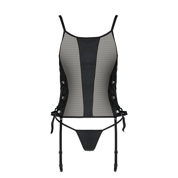 Сітчастий корсет з люверсами та знімними пажами Passion MALWIA CORSET L/XL black, екошкіра, стрінги SO5765 фото