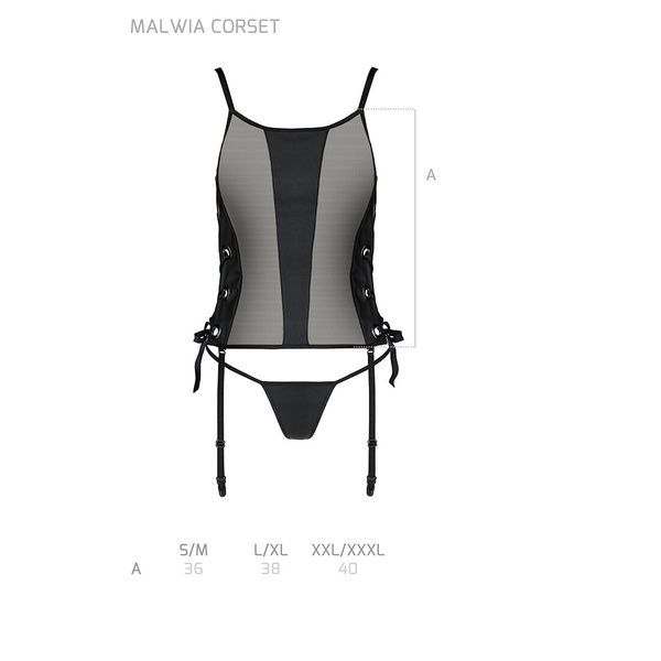 Сетчатый корсет с люверсами и съемными пажами Passion MALWIA CORSET S/M, black, эко-кожа, стринги SO5766 фото