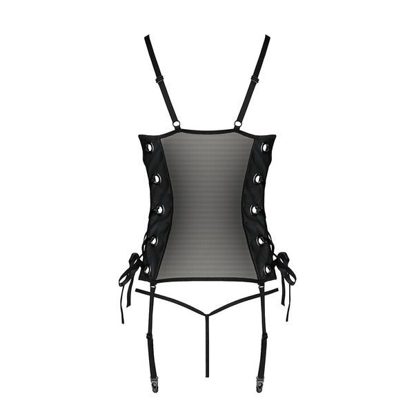 Сетчатый корсет с люверсами и съемными пажами Passion MALWIA CORSET S/M, black, эко-кожа, стринги SO5766 фото